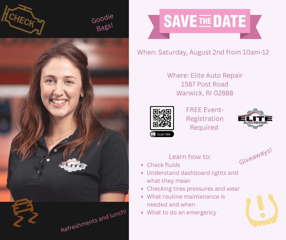 Save the date of the event and tells you where (Elite Auto Repair), when ( Saturday August, 2nd from 10-12), What - basics about your vehicle such as checking fluids, tire pressures, tread depth, what to do an emergency etc. The image also has a QR code to register for the event, the link ( https://docs.google.com/forms/d/177oqggyLQfLOMdPyWVj-XSJd8VAcJTOy-C4Qy_u6G8o/edit). and there will be giveaways, and food served (hotdog, cheeseburger)