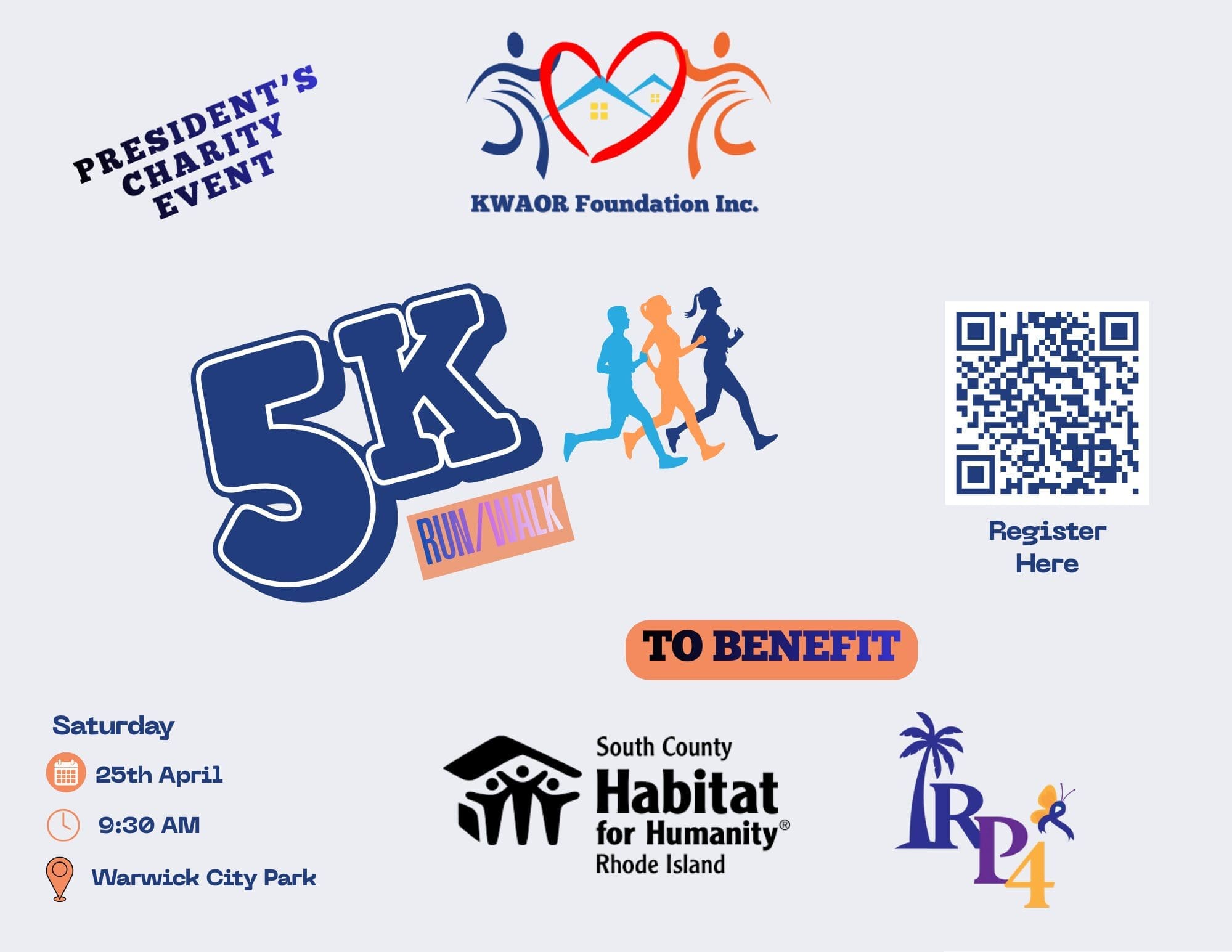 KWAOR Foundation 5K Run/Walk charity event on April 25 at Warwick City Park, benefiting South County Habitat for Humanity Rhode Island and RP4, with QR code to register.